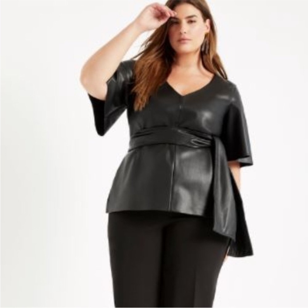 Eloquii faux leather mixed media top (with tie) in forest green. 18